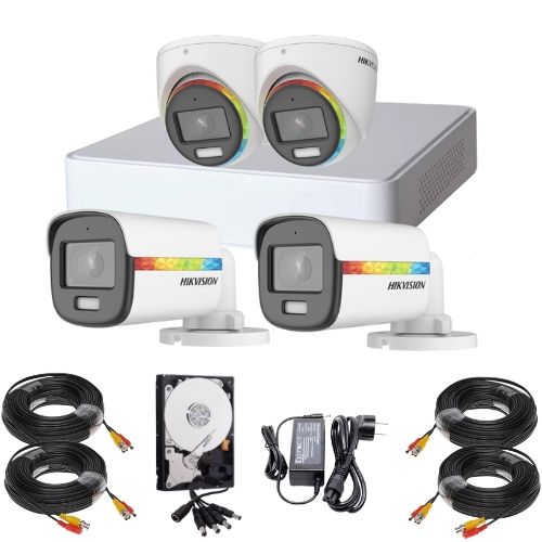 Sistem supraveghere Hikvision ColorVu, 2 camere exterior 2MP WL 20m Audio, 2 camere interior 2MP WL 20m Audio, DVR 4 canale 2MP, Accesorii, HDD 500GB