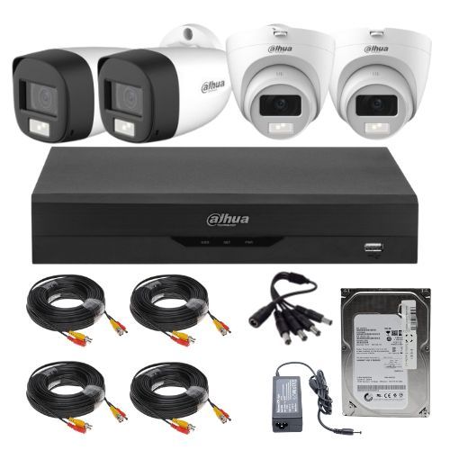 Sistem Supraveghere Mixt Dahua, 2x Bullet 2MP IR + 2x Dome Dual Light 2MP, Microfon Integrat, DVR 4 Canale, HDD 500GB, Accesorii Sistem Supraveghere Mixt Dahua, 2x Bullet 2MP IR + 2x Dome Dual Light 2MP, Microfon Integrat, DVR 4 Canale, HDD 500GB, Accesorii