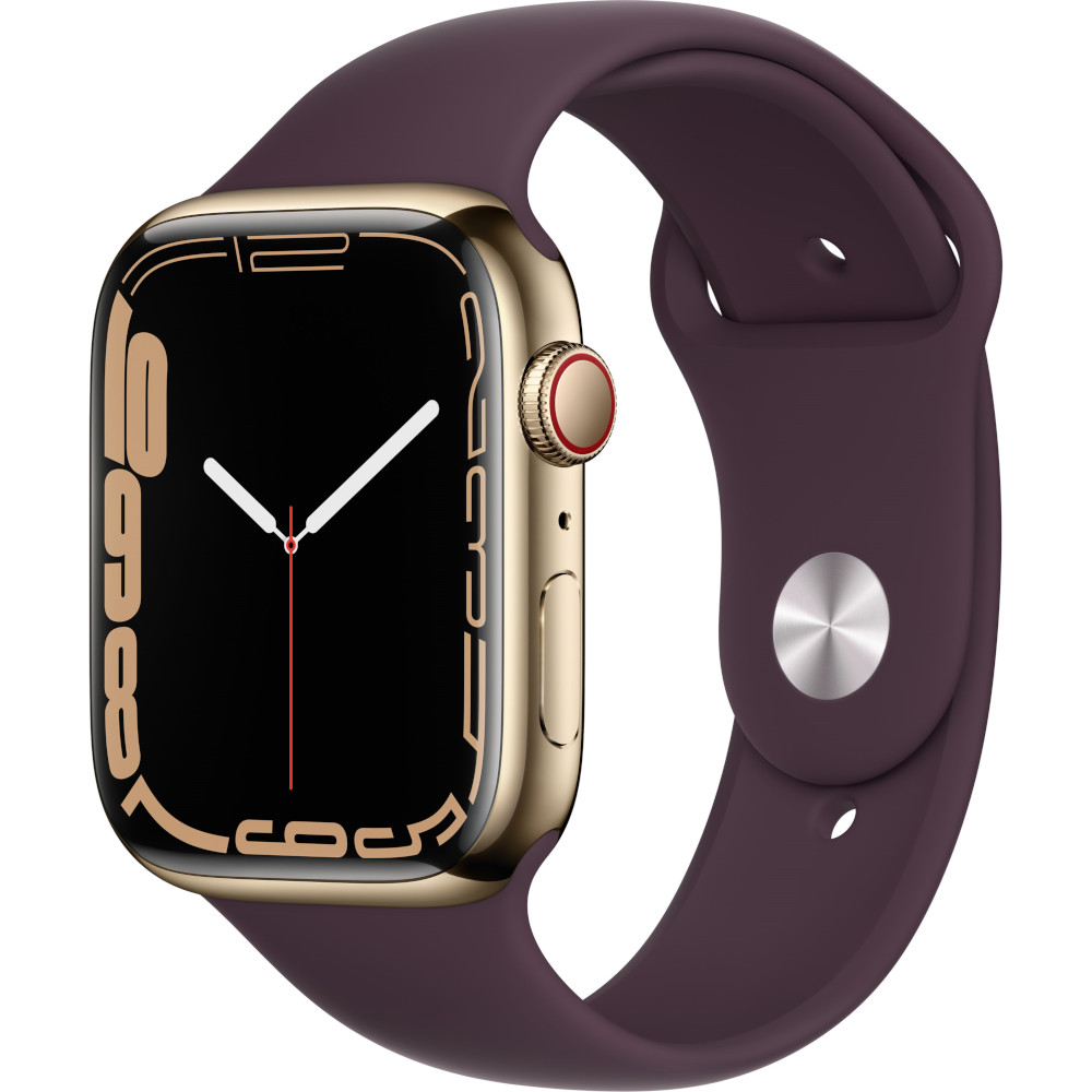 Apple Watch Series 7 GPS + Cellular, 45mm, Gold Stainless Steel Case, Dark Cherry Sport Band Apple Watch Series 7 GPS + Cellular, 45mm, Gold Stainless Steel Case, Dark Cherry Sport Band