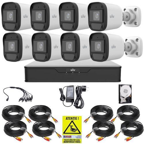 Sistem supraveghere Uniview, 8 camere 5MP, Imagini color noaptea, Lumina Alba 20m, DVR 8 canale 5MP, Accesorii montaj, HDD 1TB, Autocolant Rovision
