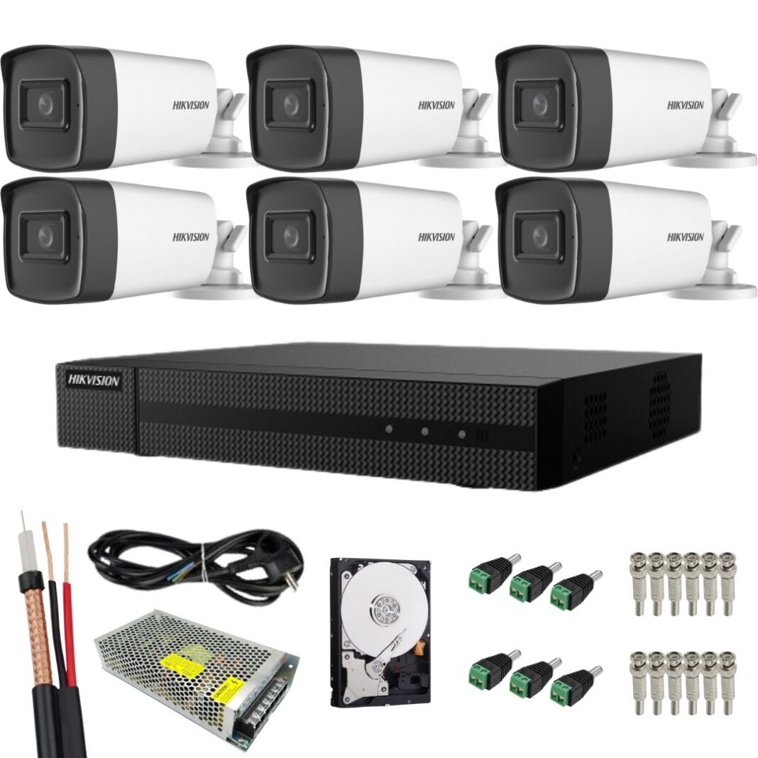 Sistem supraveghere complet Hikvision Turbo HD, Functii inteligente, 6 camere Bullet, 5MP, IR 40 m, HDD 1TB inclus, Vizualizare de pe mobil, Accesorii montaj