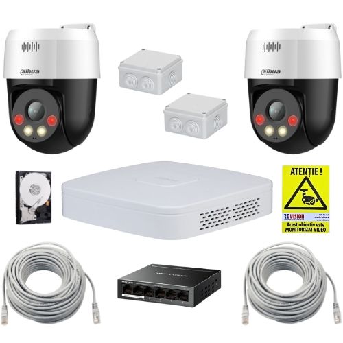 Sistem supraveghere IP Dahua cu functii inteligente, 2 camere rotative, 5MP, Alarma, Difuzor, Switch, Accesorii incluse, Hard Disk 1TB Sistem supraveghere IP Dahua cu functii inteligente, 2 camere rotative, 5MP, Alarma, Difuzor, Switch, Accesorii incluse, Hard Disk 1TB