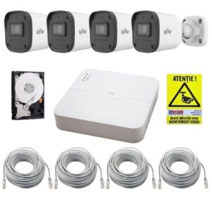 Sistem supraveghere IP UNV, 4 camere de exterior, 4MP, IR 30m, Microfon, PoE, Vizualizare pe mobil, NVR 4 canale, HDD 1TB, Accesorii Sistem supraveghere IP UNV, 4 camere de exterior, 4MP, IR 30m, Microfon, PoE, Vizualizare pe mobil, NVR 4 canale, HDD 1TB, Accesorii