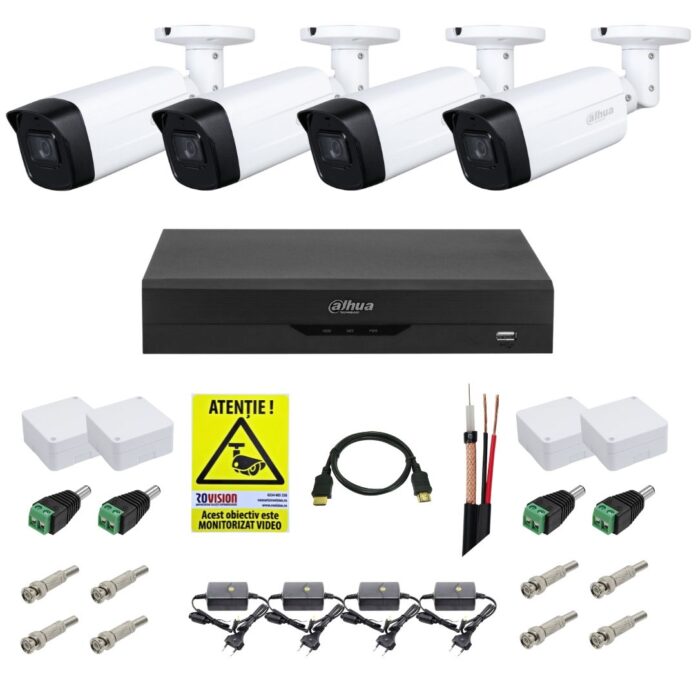 Sistem supraveghere video 4 camere Dahua HDCVI 2MP cu IR 80 m, accesorii incluse, vizualizare internet Sistem supraveghere video 4 camere Dahua HDCVI 2MP cu IR 80 m, accesorii incluse, vizualizare internet