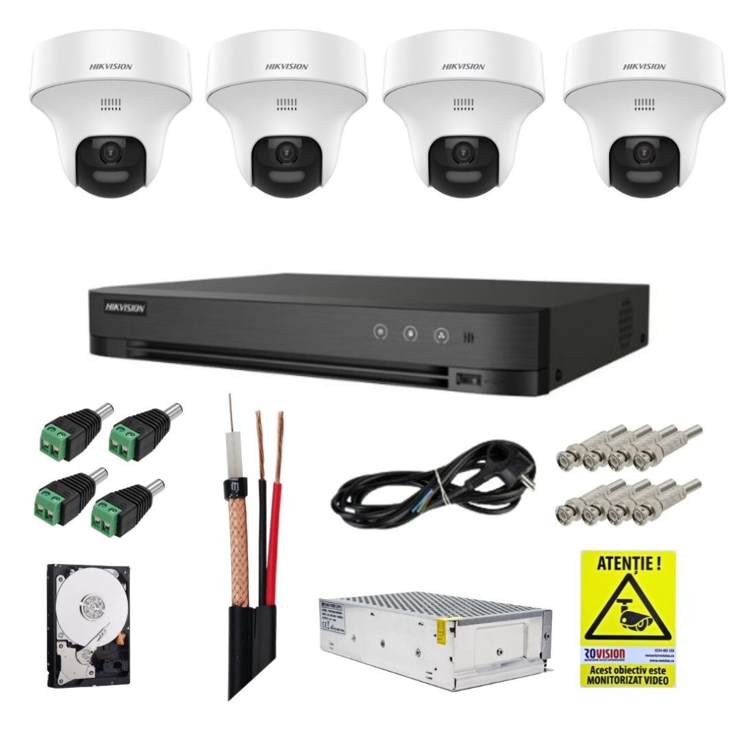 Sistem supraveghere Hikvision cu detectie om/vehicul, 4 camere rotative, 3K 5MP, Microfon, Difuzor, DVR, Accesorii incluse Sistem supraveghere Hikvision cu detectie om/vehicul, 4 camere rotative, 3K 5MP, Microfon, Difuzor, DVR, Accesorii incluse
