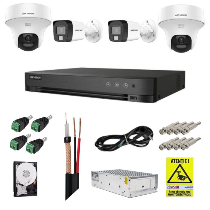 Sistem supraveghere Hikvision cu functii inteligente, 2 camere fixe 5MP, 2 camere rotative 3K 5MP, Audio bidirectional, Dual Light 20m, DVR, Accesorii montaj incluse Sistem supraveghere Hikvision cu functii inteligente, 2 camere fixe 5MP, 2 camere rotative 3K 5MP, Audio bidirectional, Dual Light 20m, DVR, Accesorii montaj incluse