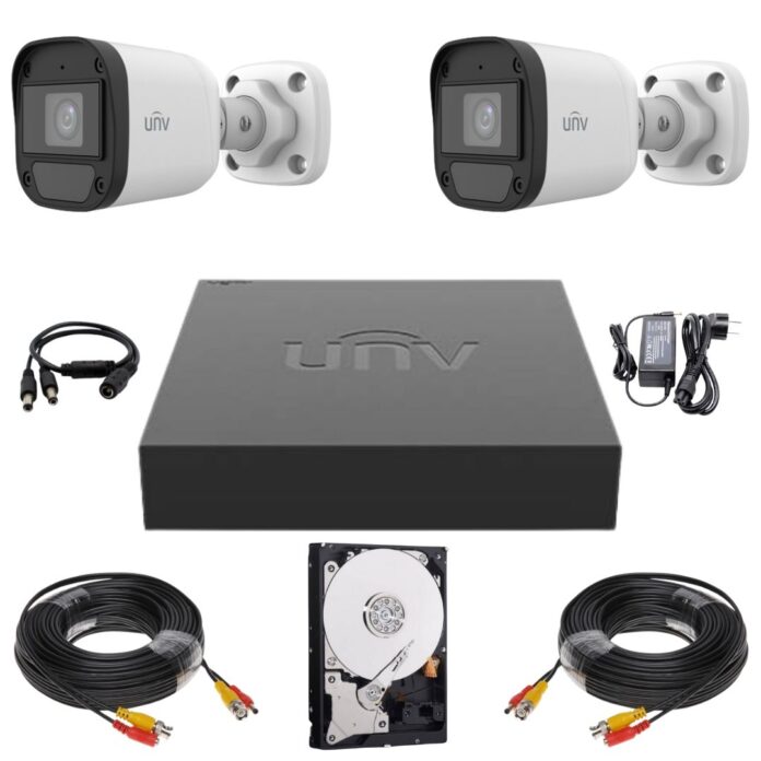 Sistem supraveghere Uniview, 2 camere, 2MP Full HD, Microfon, Infrarosu 20m, DVR, Accesorii montaj incluse Sistem supraveghere Uniview, 2 camere, 2MP Full HD, Microfon, Infrarosu 20m, DVR, Accesorii montaj incluse