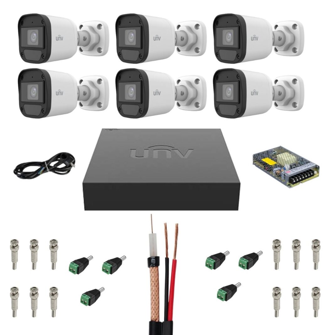 Sistem supraveghere complet Uniview, 6 camere, 2MP, Full HD, Microfon, IR 20m, Accesorii montaj inclus, DVR, HDD, Vizualizare pe mobil
