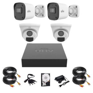Sistem supraveghere complet Uniview, 2 camere de exterior, 2 camere de interior, 2MP, IR 20m, microfon, DVR, Accesorii montaj Sistem supraveghere complet Uniview, 2 camere de exterior, 2 camere de interior, 2MP, IR 20m, microfon, DVR, Accesorii montaj
