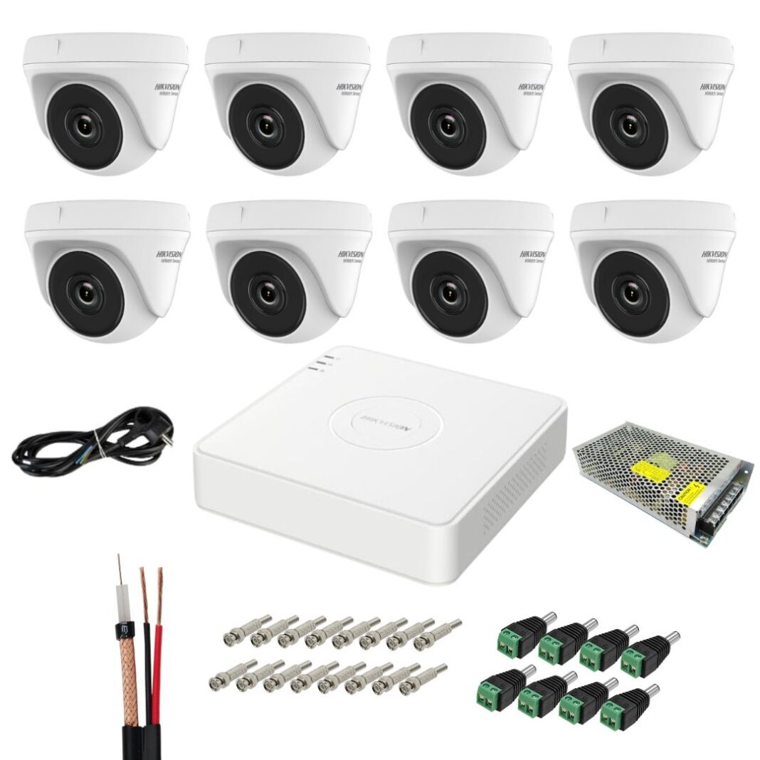 Sistem de supraveghere Hikvision Hiwatch cu functii inteligente, 8 camere, 5MP, Infrarosu 20m, DVR, Accesorii montaj incluse, Vizualizare imagini pe mobil