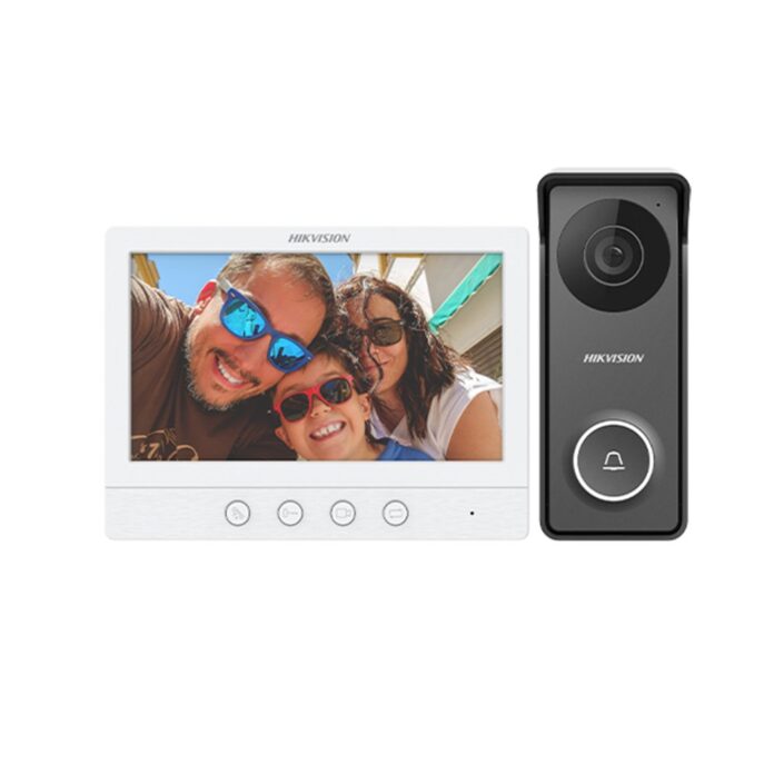 Kit videointerfon pe 4 fire Hikvision DS-KIS213, LCD 7 inch, 1 familie, aparent, plug & play Kit videointerfon pe 4 fire Hikvision DS-KIS213, LCD 7 inch, 1 familie, aparent, plug & play