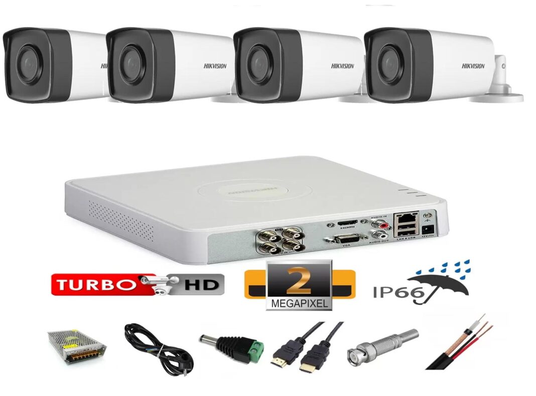 Sistem supraveghere video profesional exterior 4 camere 2MP Hikvision Turbo HD 40m IR full accesorii accesorii, internet Sistem supraveghere video profesional exterior 4 camere 2MP Hikvision Turbo HD 40m IR full accesorii accesorii, internet