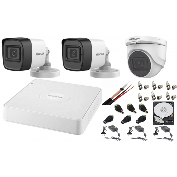 Sistem supraveghere mixt audio-video Hikvision 3 camere Turbo HD 2MP DVR 4 canale, HDD 500GB Sistem supraveghere mixt audio-video Hikvision 3 camere Turbo HD 2MP DVR 4 canale, HDD 500GB