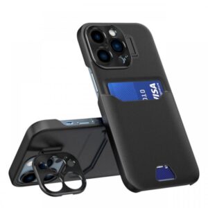 Lemontti Husa Leather Stand iPhone 14 Pro Roz, cu suport pentru card Lemontti Husa Leather Stand iPhone 14 Pro Roz, cu suport pentru card