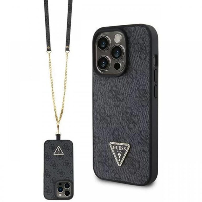 Guess Husa PU 4G Strass Triangle Metal Logo cu curea Crossbody iPhone 15 Pro Max Roz