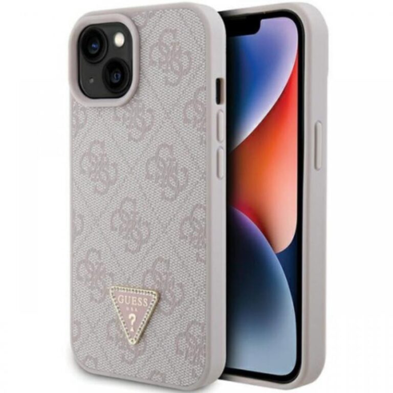 Guess Husa PU 4G Strass Triangle Metal Logo iPhone 15 Negru