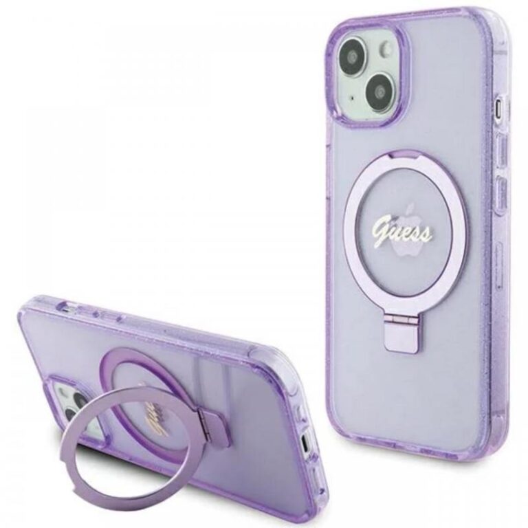 Guess Husa Ring Stand Glitter MagSafe iPhone 15 Negru