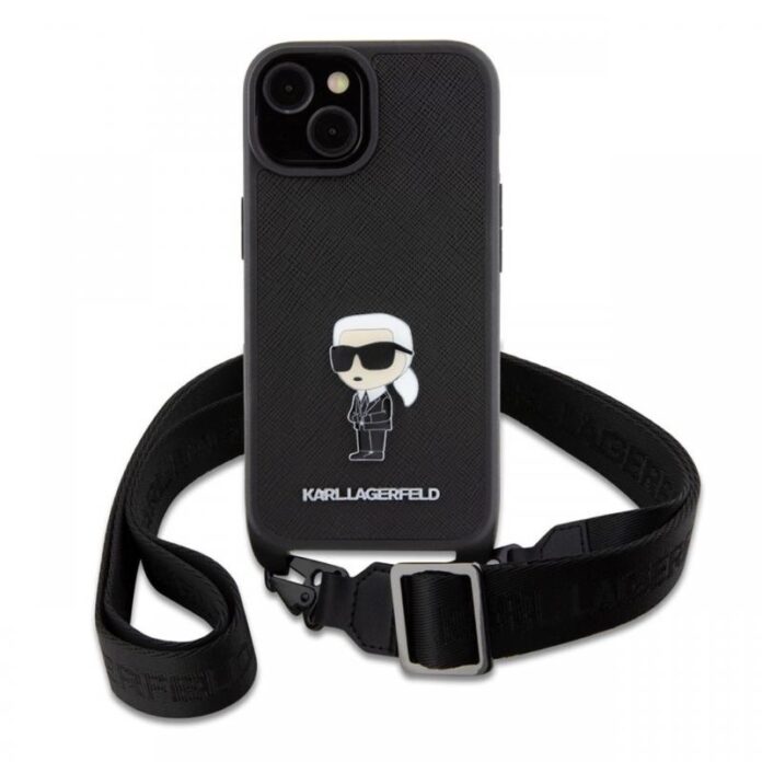 Karl Lagerfeld Husa Saffiano Crossbody Metal Ikonik iPhone 15 Negru Karl Lagerfeld Husa Saffiano Crossbody Metal Ikonik iPhone 15 Negru