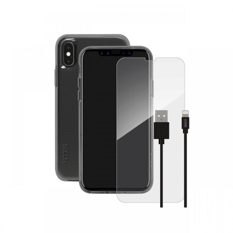 Pachet Husa Clear + Cablu Lightning + Folie Sticla Skech pentru iPhone XS / X