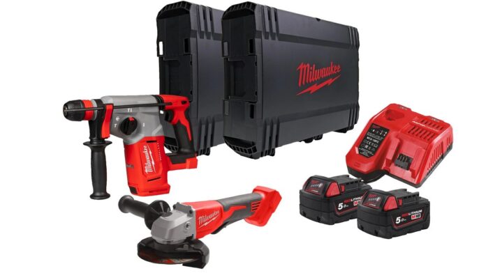Set scule fara perii Milwaukee M18, ciocan rotopercutor si polizor unghiular, 2x acumulatori, incarcator, 4933498575 Set scule fara perii Milwaukee M18, ciocan rotopercutor si polizor unghiular, 2x acumulatori, incarcator, 4933498575