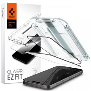 Spigen Folie Sticla Glass tR EZ Fit iPhone 15 Pro Max, set 2 buc, kit de montare, Black Spigen Folie Sticla Glass tR EZ Fit iPhone 15 Pro Max, set 2 buc, kit de montare, Black