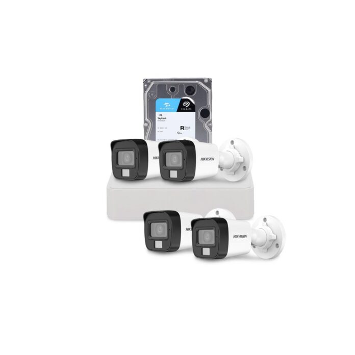 Sistem supraveghere exterior cu HDD 1 TB HikVision, 4 camere, 2 MP, IR 25 m, lumina alba 20 m, 2.8 mm, microfon Sistem supraveghere exterior cu HDD 1 TB HikVision, 4 camere, 2 MP, IR 25 m, lumina alba 20 m, 2.8 mm, microfon