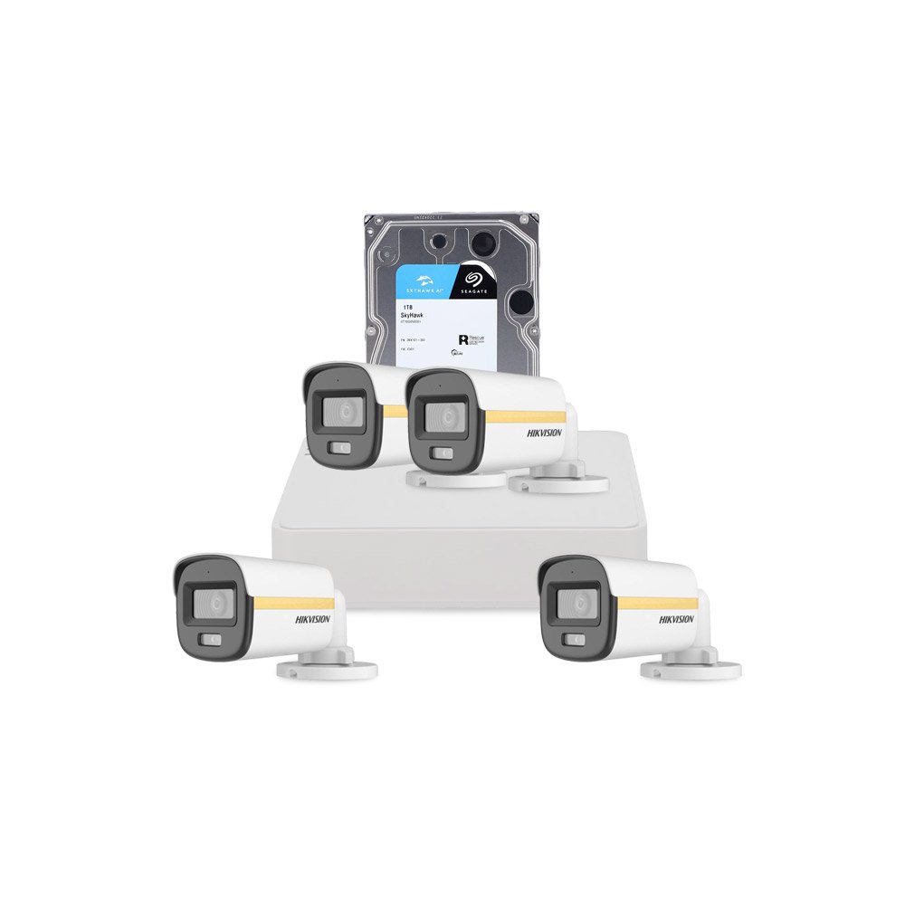Sistem supraveghere exterior cu HDD 1 TB HikVision, 4 camere, 2 MP, 2.8 mm, IR/Lumina alba 30/20 m, PoC, microfon Sistem supraveghere exterior cu HDD 1 TB HikVision, 4 camere, 2 MP, 2.8 mm, IR/Lumina alba 30/20 m, PoC, microfon