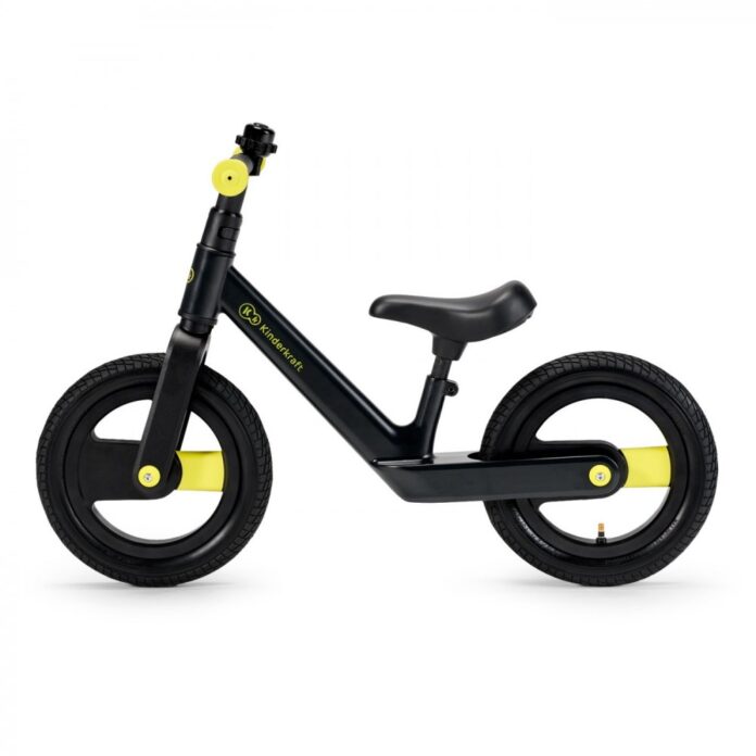 Bicicleta copii fara pedale Kinderkraft Goswift black 12 inch, scaun reglabil pe inaltime 34-42 cm, varsta 3-6 ani, cadru magneziu, roti gonflabile, ghidon reglabil pe inaltime