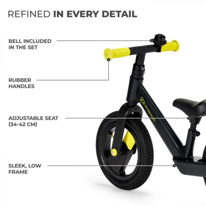 Bicicleta copii fara pedale Kinderkraft Goswift black 12 inch, scaun reglabil pe inaltime 34-42 cm, varsta 3-6 ani, cadru magneziu, roti gonflabile, ghidon reglabil pe inaltime