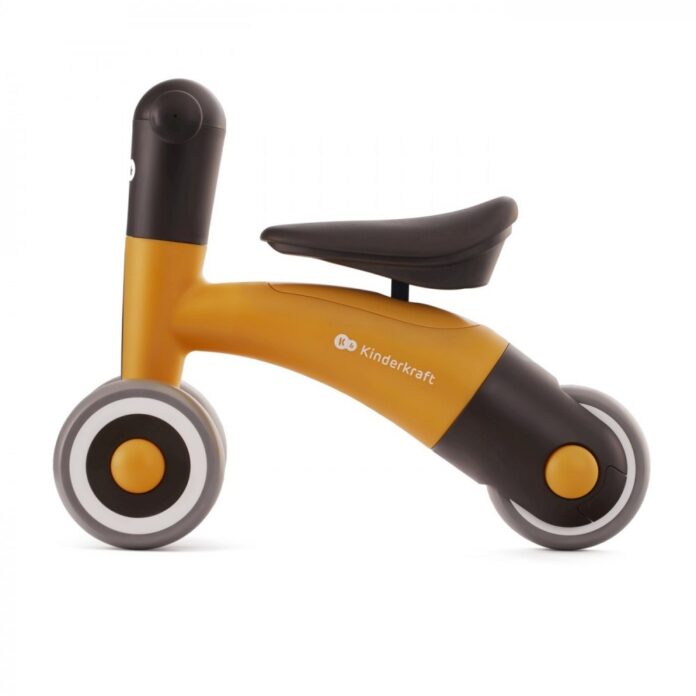 Tricicleta copii de echilibru Kinderkraft Minibi honey yellow, varsta 1- 3 ani, inaltimea de la sol la sa 24-27 cm, Roti spuma EVA, cadru PP, limitarea unghiului de viraj al ghidonului