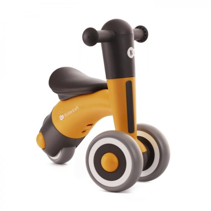 Tricicleta copii de echilibru Kinderkraft Minibi honey yellow, varsta 1- 3 ani, inaltimea de la sol la sa 24-27 cm, Roti spuma EVA, cadru PP, limitarea unghiului de viraj al ghidonului