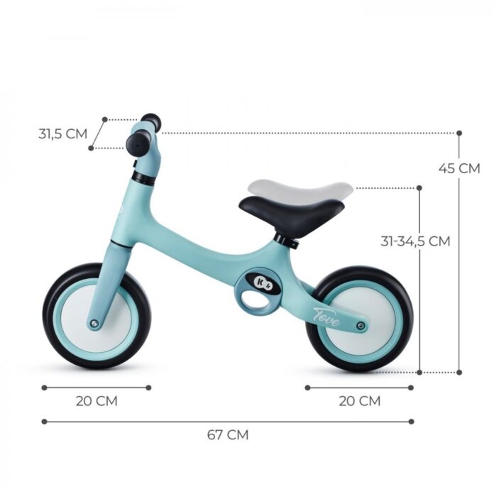 Bicicleta copii fara pedale Kinderkraft Tove summer mint 8 inch, roti spuma EVA, scaun reglabil 31-34,5 cm, greutate redusa, manere de transport, Unghi de viraj limitat, varsta 2-4 ani