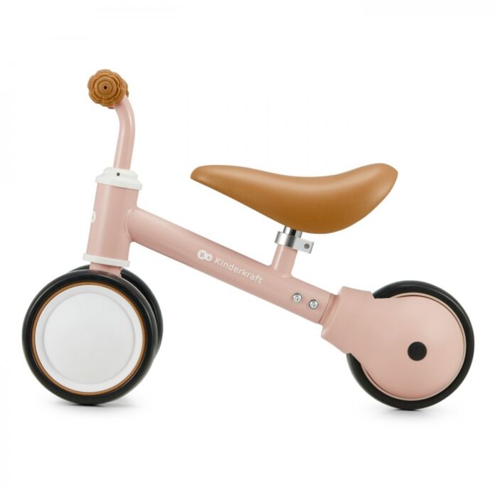 Tricicleta copii de echilibru Kinderkraft Cutie fuzzy peach, varsta 1-3 ani, roti din spuma EVA, posibilitatea de reglare a inaltimii scaunului (26-28 cm), sarcina maxima 15 kg