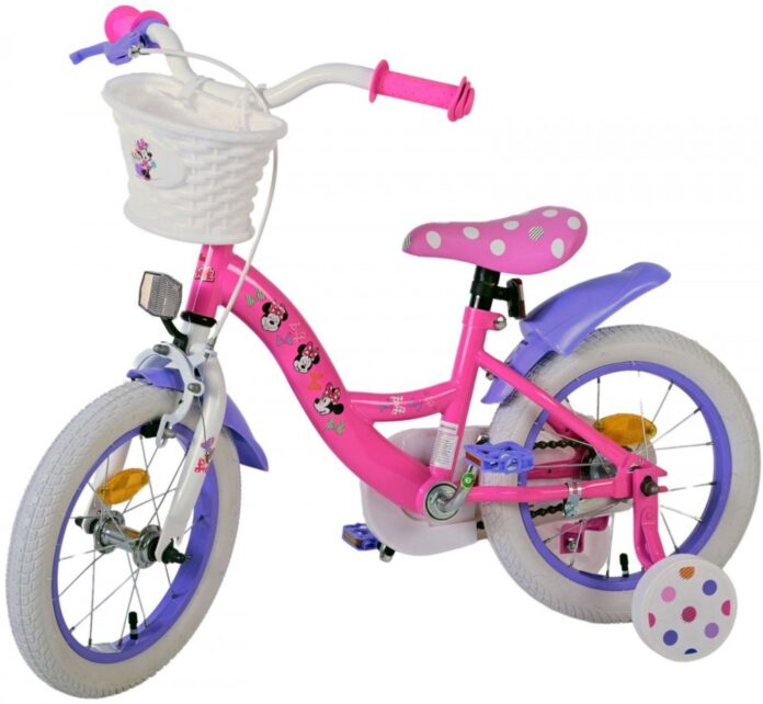 Bicicleta pentru copii EL Minnie Mouse 14 inch Cutest Ever ND, frana de mana pe roata din fata, scaun si ghidon reglabil, spite metalice, roti gonflabile, stopuri reflectorizante