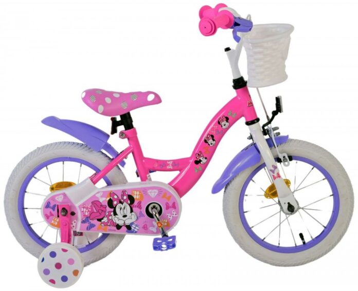 Bicicleta pentru copii EL Minnie Mouse 14 inch Cutest Ever ND, frana de mana pe roata din fata, scaun si ghidon reglabil, spite metalice, roti gonflabile, stopuri reflectorizante