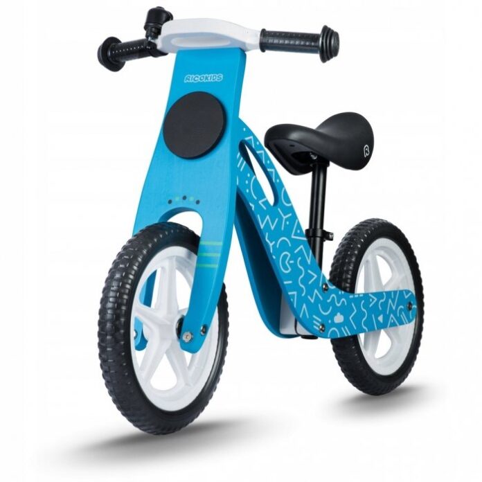 Bicicleta copii din lemn fara pedale Ricokids Albastru 12 inch, roti spuma EVA, de la 2 ani, inaltimea scaunului 33-43 cm, manere cauciucate, scaun moale din spuma