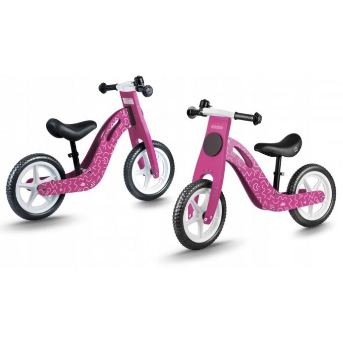 Bicicleta copii din lemn fara pedale Ricokids Roz, roti spuma EVA, de la 2 ani, inaltimea scaunului 33-43 cm, manere cauciucate, scaun moale din spuma