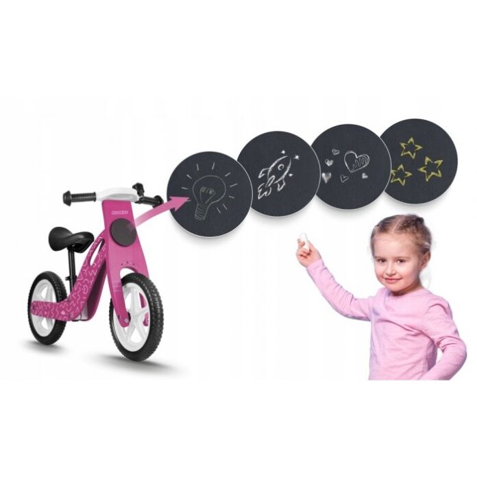 Bicicleta copii din lemn fara pedale Ricokids Roz, roti spuma EVA, de la 2 ani, inaltimea scaunului 33-43 cm, manere cauciucate, scaun moale din spuma