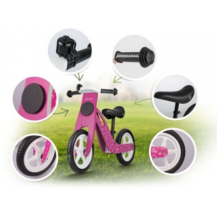 Bicicleta copii din lemn fara pedale Ricokids Roz, roti spuma EVA, de la 2 ani, inaltimea scaunului 33-43 cm, manere cauciucate, scaun moale din spuma