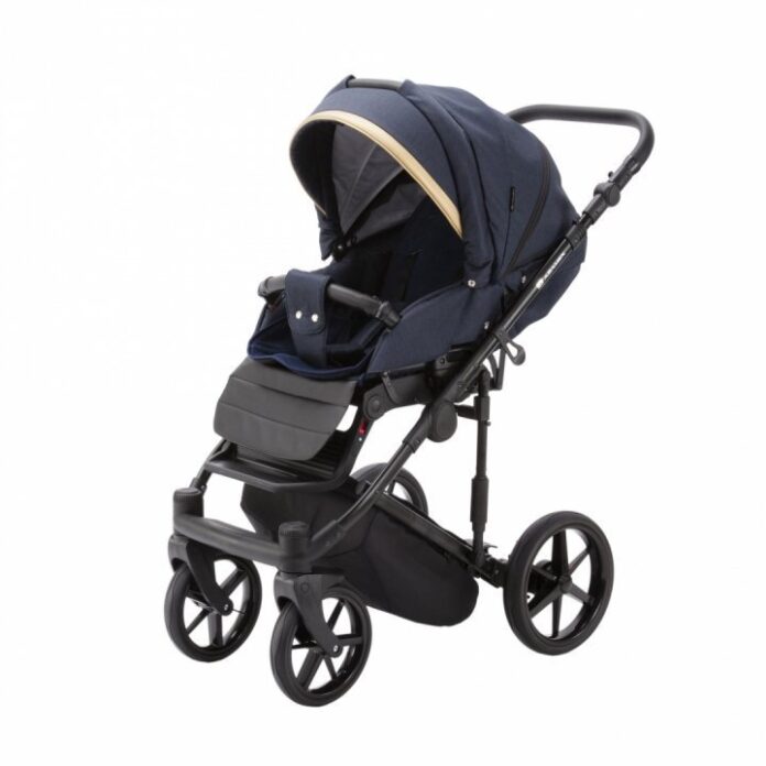 Carucior 3 in 1 Adamex Rimini Alu tip Collection Linen  EcoLeather RY95  Blue Gold cu scaun auto iSize, parte sport reglabila pana la orizontala, landou cu suport de cap reglabil, accesorii incluse