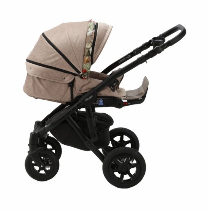 Carucior 3 in 1 Adamex Barletta FL5 Flowers Collection oak barrel cu scaun auto iSize, landou cu suport de cap reglabil pe inaltime, parte sport reglabila pana la orizontala, suspensii