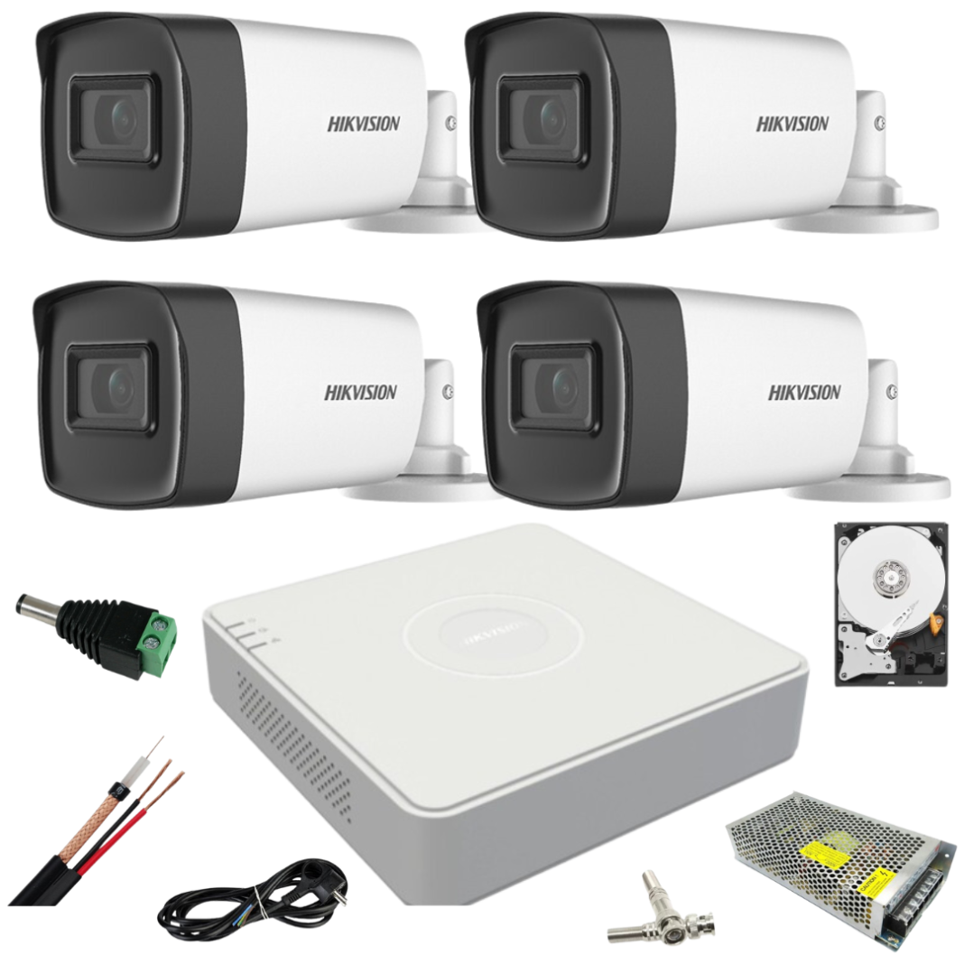 Sistem supraveghere video ultra profesional Hikvision 4 camere exterior 5MP Turbo HD cu IR 80M DVR 4 canale full accesorii cu HARD 1TB Sistem supraveghere video ultra profesional Hikvision 4 camere exterior 5MP Turbo HD cu IR 80M DVR 4 canale full accesorii cu HARD 1TB
