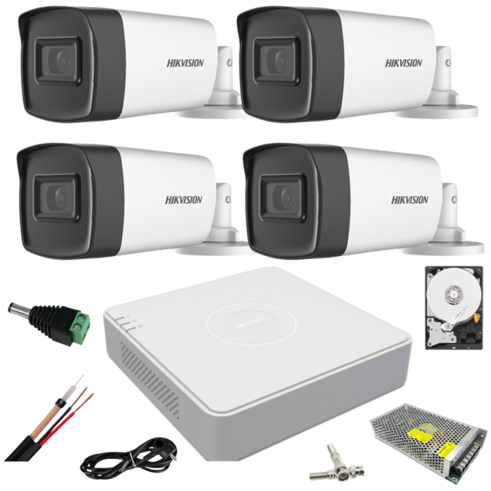Sistem supraveghere video ultra profesional Hikvision 4 camere exterior 5MP Turbo HD cu IR 80M DVR 4 canale full accesorii cu HARD 1TB Sistem supraveghere video ultra profesional Hikvision 4 camere exterior 5MP Turbo HD cu IR 80M DVR 4 canale full accesorii cu HARD 1TB