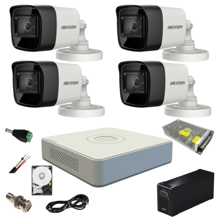 Sistem supraveghere video ultra profesional cu UPS Hikvision 4 camere exterior 5MP Turbo HD cu IR 80M full accesorii cu HARD Sistem supraveghere video ultra profesional cu UPS Hikvision 4 camere exterior 5MP Turbo HD cu IR 80M full accesorii cu HARD