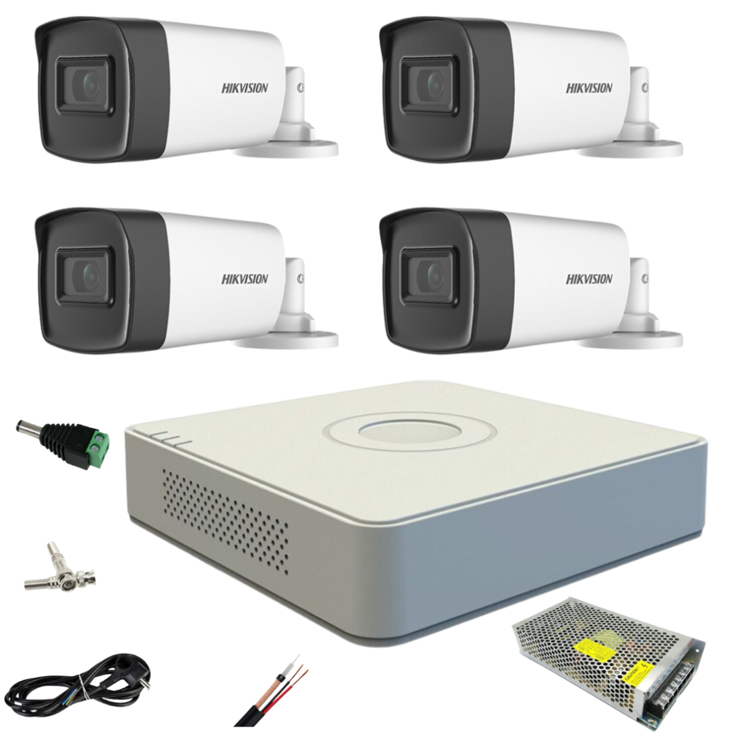 Sistem supraveghere video Hikvision 4 camere de exterior  5MP Turbo HD  2 cu IR 80M si 2 cu IR 40M, full accesorii
