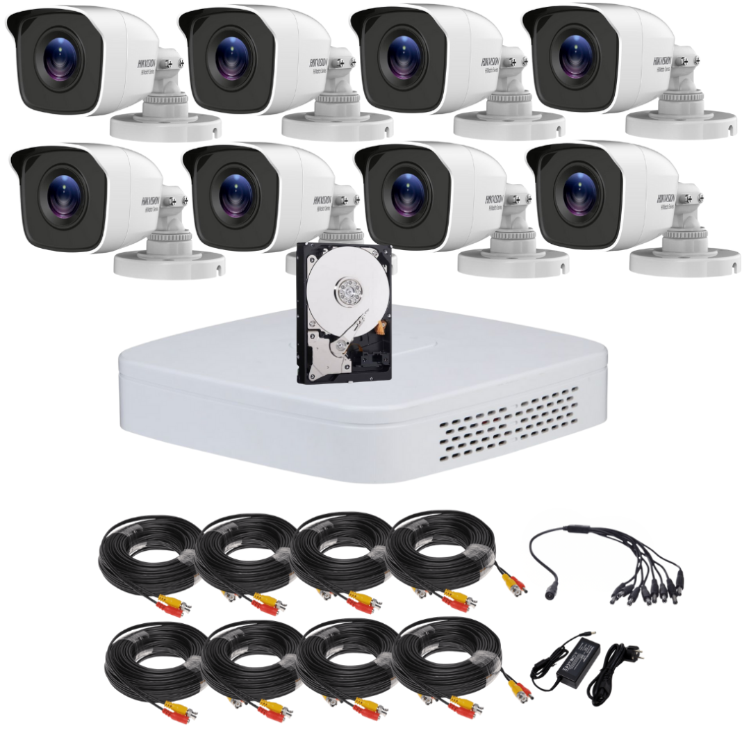 Sistem supraveghere Hikvision HiWatch, Functii inteligente, 8 camere, 5MP, IR 20m, DVR 8 canale, Accesorii montaj incluse, HDD 1TB