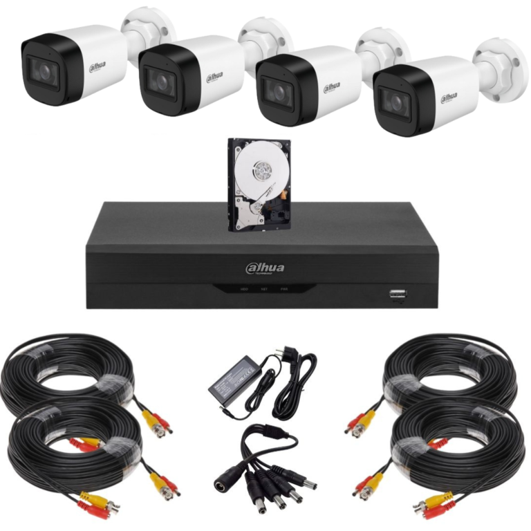 Sistem supraveghere complet Dahua, 4 camere Starlight, 5MP, Infrarosu 30m, Vizualizare de pe mobil, DVR, Recunoastere faciala, Accesorii montaj, HDD 500GB