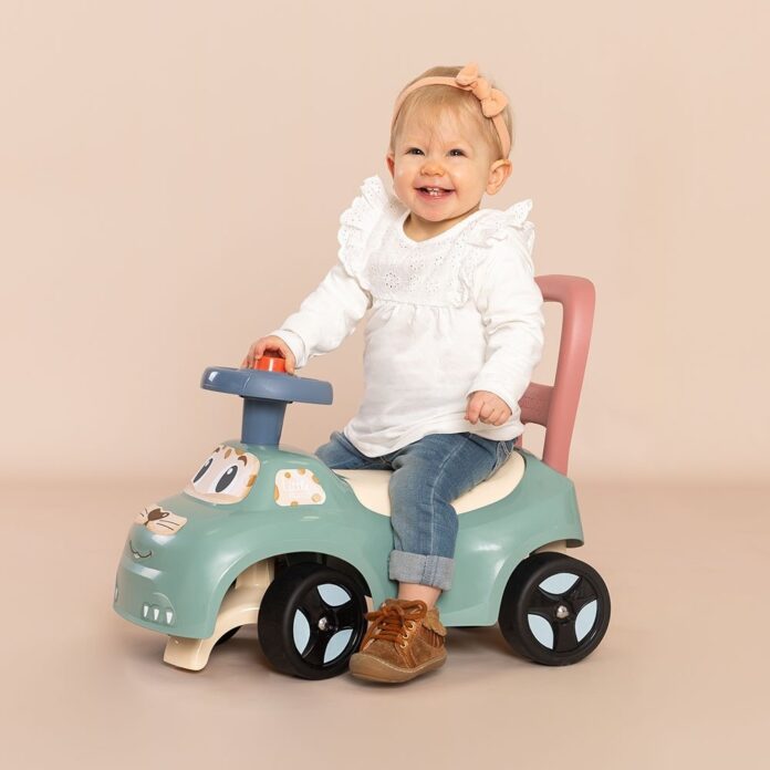 Masinuta pentru copii fara pedale Smoby Auto verde, de la 10 luni, spatar cu posibilitatea de impingere, spatiu de depozitare, scaun ergonomic