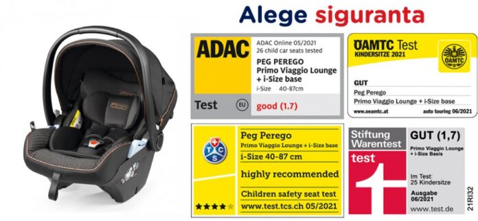Scaun auto Peg Perego i-Size Primoviaggio Lounge 500 NegruGri 40-87 cm 0-13 kg testat ADAC