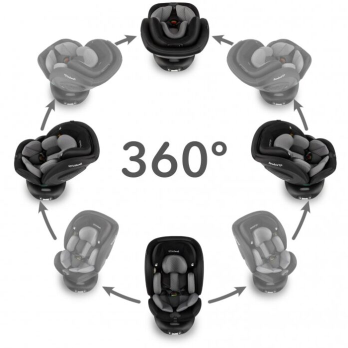 Scaun auto Kidwell GoCar Negru-Gri cu isofix, grupa 40-135 cm, i-Size, omologare R129, rotativ 360, protectie laterala ASP